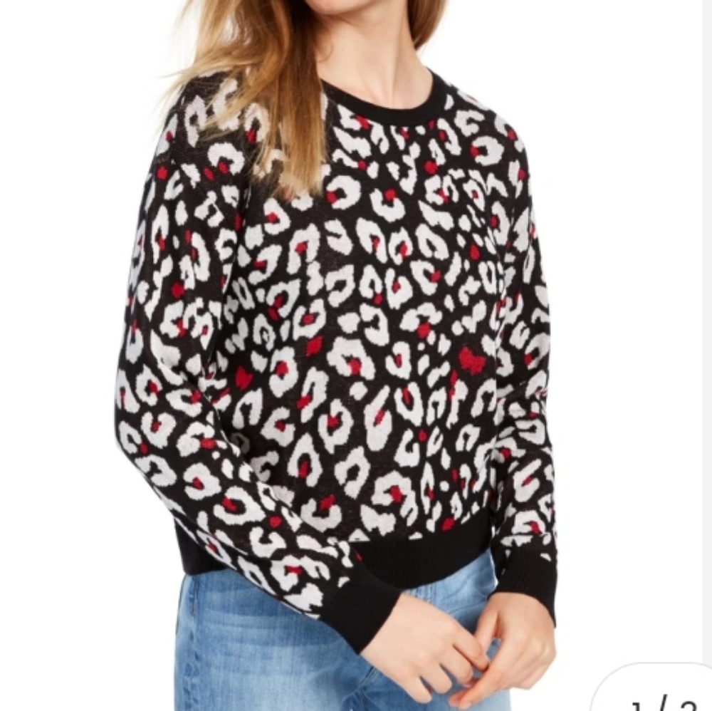 BCX Women's Animal Print Black, White & Red Pullover Sweater. Size XL